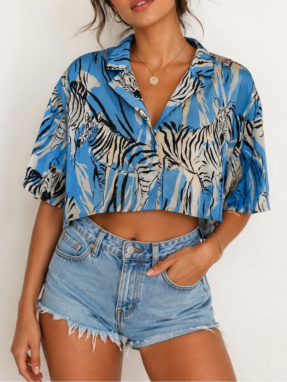 Zara Blue Zebra Print Cropped Button-Down Shirt